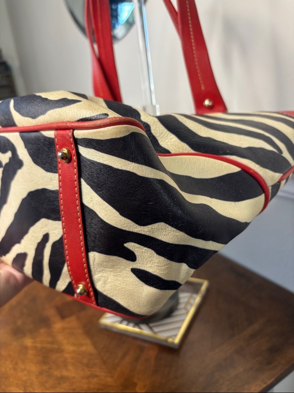 Dooney & Bourke Red Leather Trim Zebra-Print Tote Bag - Picture 12 of 16